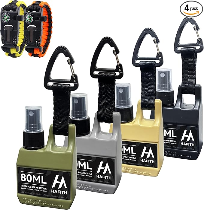 4 Pack Mini Spray Bottles with Hanging Buckle, 2.7oz/80ml, Fine Mist Mini Empty, Travel Spray Bottles, Leak Proof, With 2 Pack Survival Paracord Bracelet, Perfect for Camping, Hiking, Fishing
