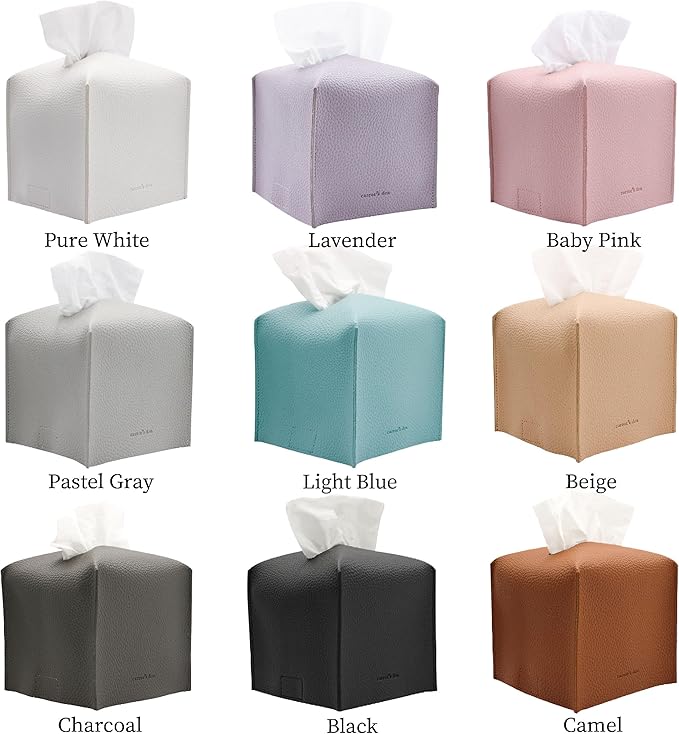 Tissue Box Cover Holder, Square with Bottom Belt by Carrot's Den - PU Leather Decorative Organizer for Tabletop, Bathroom, Car, Office | Charcoal