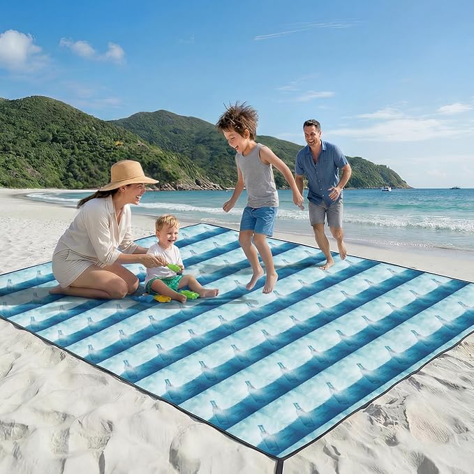 OIGAE 7x7ft Sandproof Beach Blanket - Large Waterproof Picnic Mat for 3-4 People, Lightweight Sand Free Mat for Summer Vacation with 6 Stakes & 4 Corner Pockets for Beach, Camping, Festivals