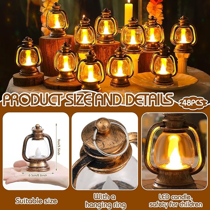Ferraycle 48 Pcs Mini Lantern Decor 4 Inch Western Lantern Table Centerpiece Small Vintage Camping Hanging Lamp Ornaments Bulk for Cowboy Cowgirl Wedding Halloween Christmas (4 Inch,Retro Gold)