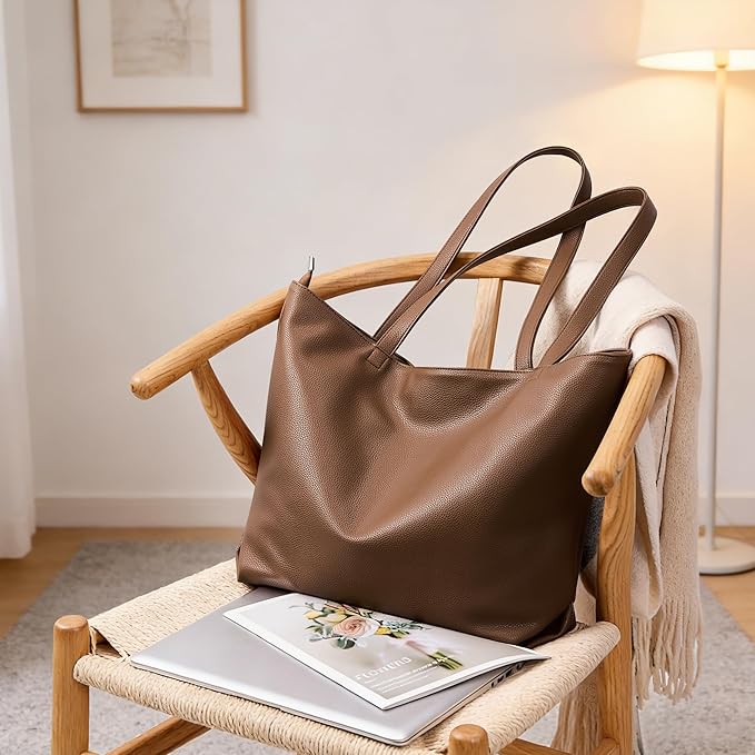 WLLWOO Soft Vegan Leather Tote Bag for Women Large Casual Hobo Handbags Zipper Shoulder Work Daily Weekender Travel Purse