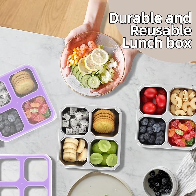 BEFOY 4 Pack Stainless Steel Snack Containers with Lids 4 Compartment Food Storage Containers for Adults & Kids Meal Prep Containers Reusablele (Purple, 4)