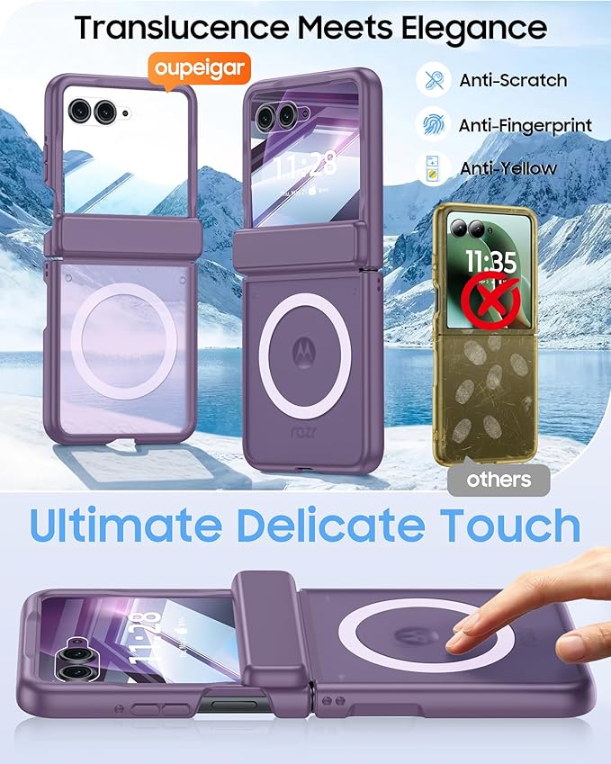 Magnetic for Motorola Razr+ Plus 2026,Razr+ 2025/2024 Case,Hinge Protection, Screen Protector, Compatible with MagSafe, Translucent Frosted, Shockproof Cover for Razr+ 2026/2025/2024-Purple