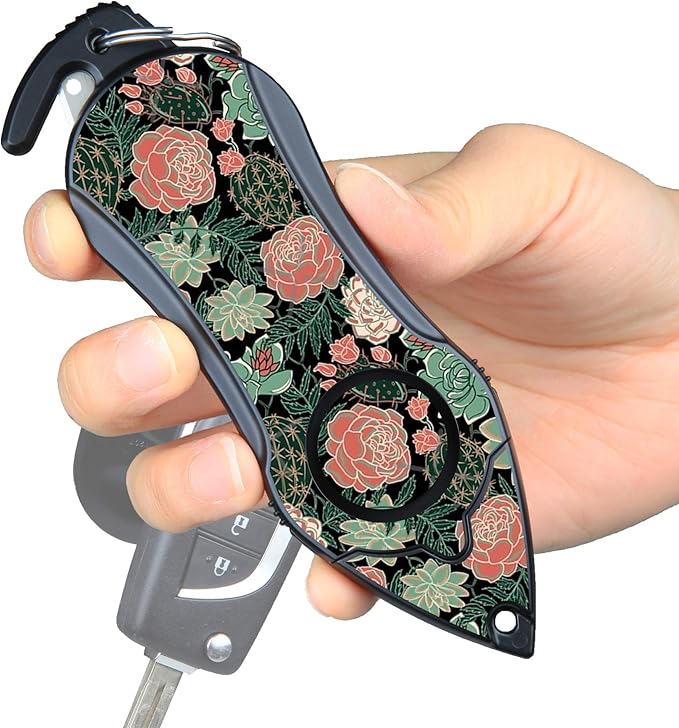 Stinger Personal Alarm Keychain Emergency Tool, Safety Panic Alarm Siren, Seat Belt Cutter, Glass Breaker, Security Device for Women Men Kid, Design in USA (Green Flower)