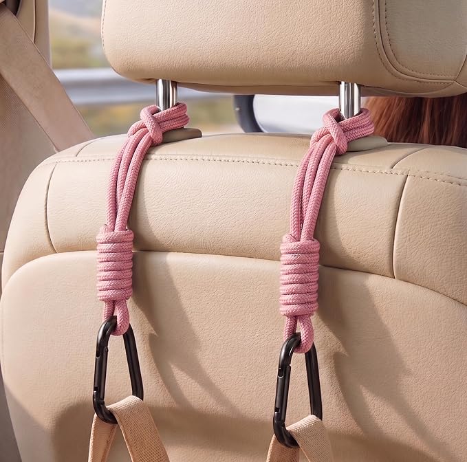 360° Rotating Car Seat Headrest Hooks, Universal Car Organizer Hooks for Bags and Groceries, Pink 2pc