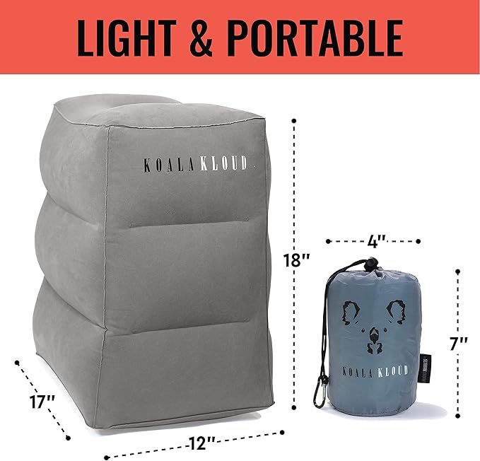 Koala Kloud 3 Height Travel Foot Rest - 2-Pack | Gray Inflatable Foot Rest Pillow, Airplane Footrest for Flights, Car Seat Foot Rest, Airplane Bed for Toddler Airplane Travel Essentials Kids Accessory