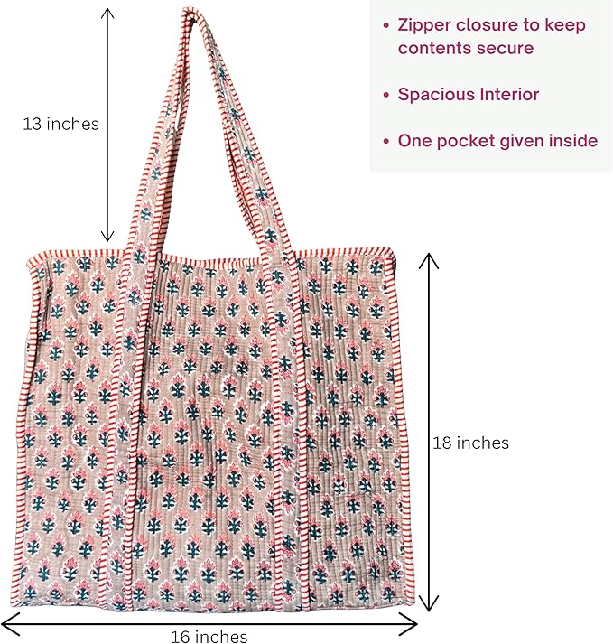 ATOSII Women Handblock Print Quilted 100% Cotton Floral Large Shoulder Tote Bag with Pocket, Zipper for Work, Beach & Travel