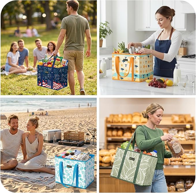 BALEINE 1Pk Reusable Grocery Bags, Foldable Shopping Bags for Groceries with Reinforced Bottom & Handles (Summer Beach-Blue)