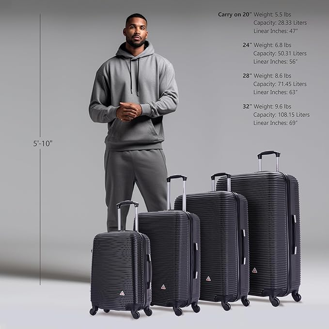 InUSA ROYAL Hardside Luggage Set with Spinner Wheel | Spacious Travel Suitcases with Ergonomic GEL Handle and Studs | (20/24/28/32) 4 Piece Luggage Set | Black