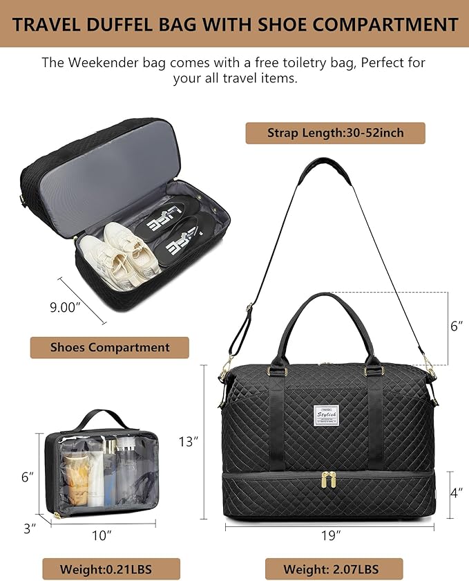 FIUAIE Overnight Weekender Bag for Women - Duffle Bags with Shoe Compartment Carry On Bag with Wet Pocket for Yoga Gym Travel Bags with Toiletry Bag for Business Trips Hospital Bags Black
