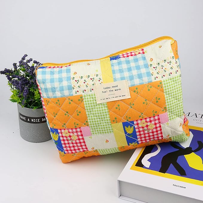 VIWIME Makeup Cosmetic Bag, Large Cotton Quilted Travel Coquette Aesthetic Cute Floral Make up Bag for Women Toiletry Bag Organizer (108- Puzzle / 2Pcs)