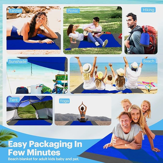 EASYFUN Beach Blanket Sandproof Oversized, 79''×83'' Extra Large Beach Mat, Portable Picnic Mat for Travel Camping Hiking, Lightweight Beach Essentials Family Water Resistant Mat