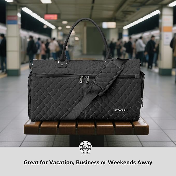STOVER Women’s Convertible Garment Duffel Bag for Travel – 2-in-1 Carry-On Weekender/Overnight Tote - Wrinkle-Free Dresses, Suits & Clothes + Shoe Compartment & Bonus Toiletry Bag (Onyx Black)