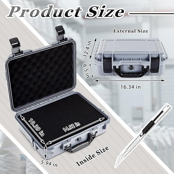 Relaxweex 1 Pcs Waterproof Hard Case with DIY Customizable Foam Insert Portable Protective Case with Knife for Camera Drones Equipments Tools Test Instruments(Gray,16.3 x 12.4 x 6.5 Inch)