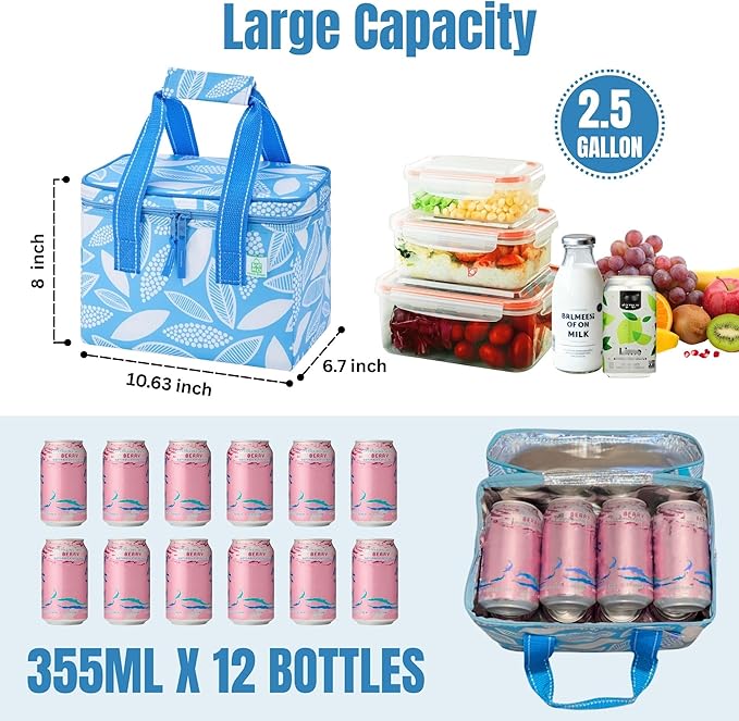 VENO 2 Pack Insulated Lunch Bag Cooler Lunch Box Reusable Grocery Shopping Tote Bag, Durable Handles, Double Zippers, Lid, Collapsible, 2.5 Gallon/9L Capacity (Spring Breeze)