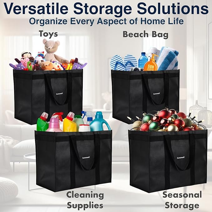 Homemell Heavy Duty Reusable Grocery Bags, Large Collapsible Tote Bag Holds 100 LBS, Extra-Strength Premium Material (Black, 4-Pack)