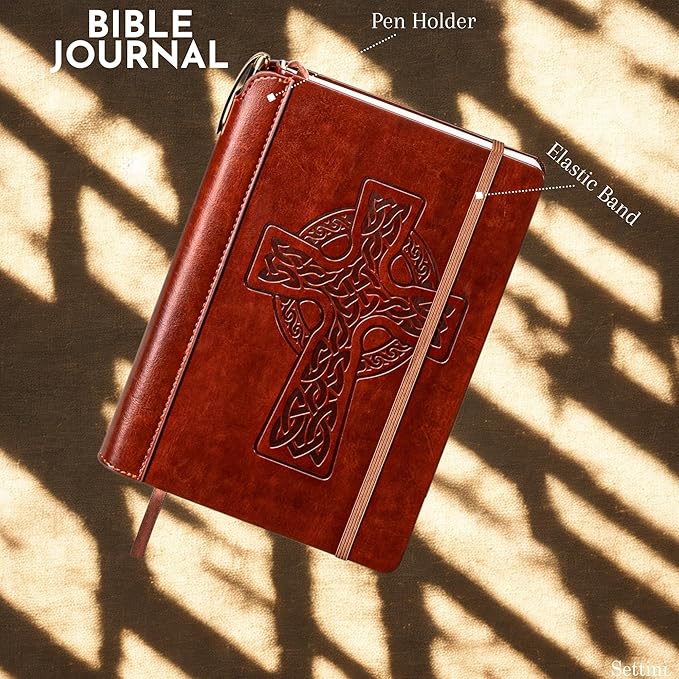 SETTINI® Lined Journal - Celtic Cross Journal for Writing Gift Set - Hardcover Vegan Leather, Includes Luxury Pen in a Unique Pen Holder, 192 Pages, A5, Fathers Day Gift, Bible Journal, Journal for Men & Women