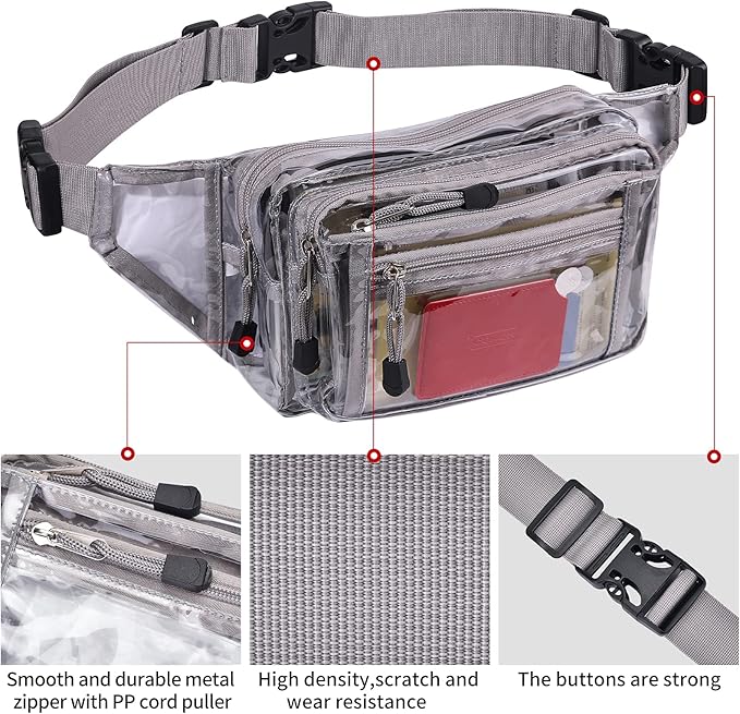 Clear Bag Stadium Approved Transparent Fanny Pack for Women for Work,Multi-purpose Waist Bag for Travel & Sporting Event (Grey Clear)