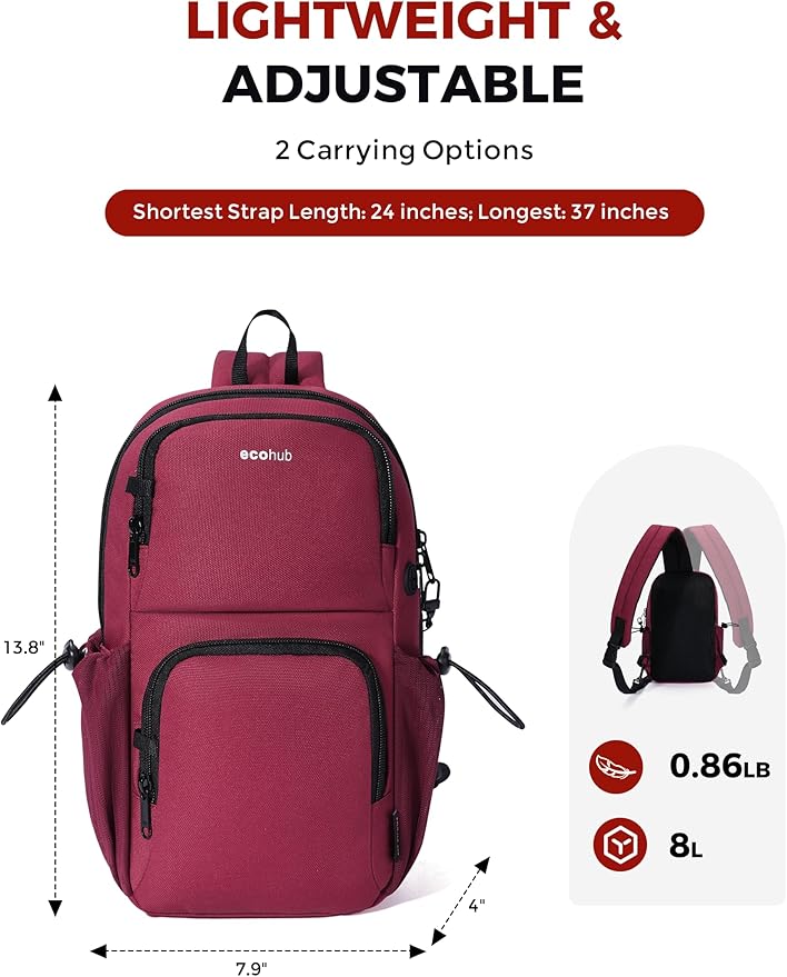 ECOHUB Crossbody Bags for Women Men, Anti-Theft RFID Blocking Sling Backpack Water Resistant Chest Shoulder Daypack, Red