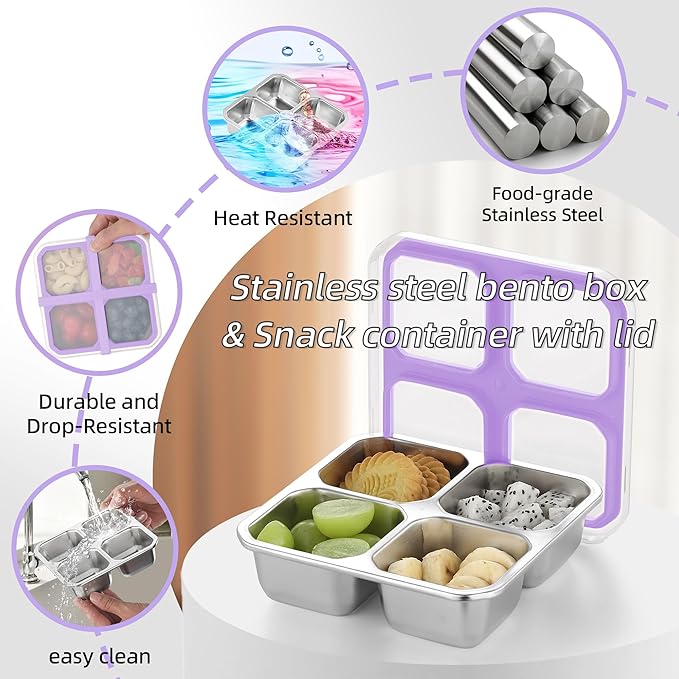 BEFOY 4 Pack Stainless Steel Snack Containers with Lids 4 Compartment Food Storage Containers for Adults & Kids Meal Prep Containers Reusablele (Purple, 4)