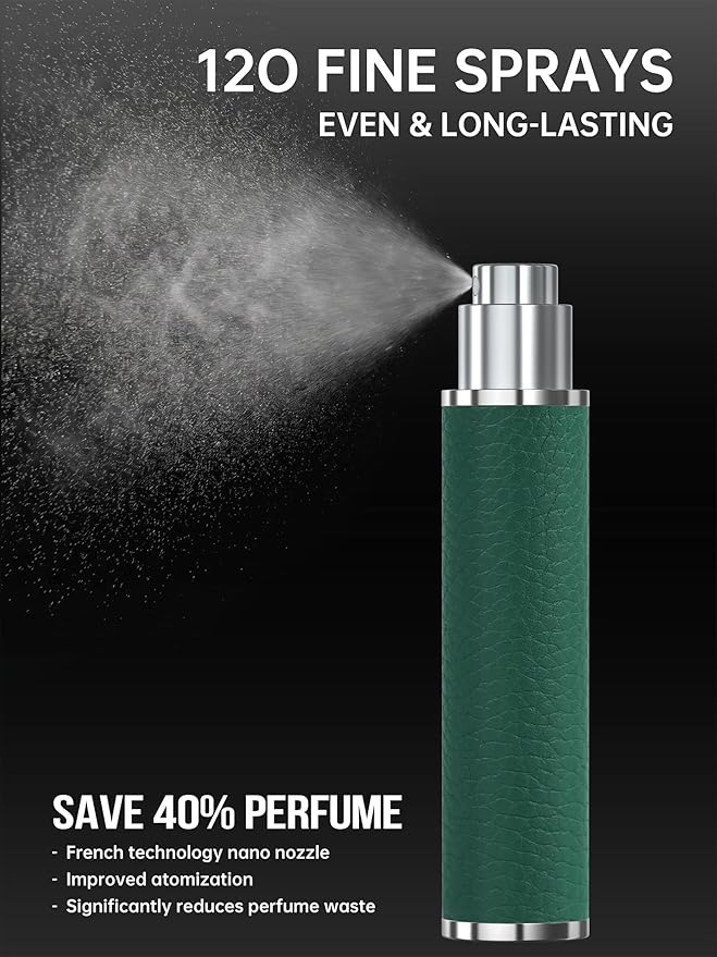12ml Genuine Leather Perfume Atomizer Refillable, Portable Mini Cologne Sprayer with Magnetic Cap & 3 Refill Tools, Luxury Travel Size Fragrance Spray Bottle for Men & Women (Green)