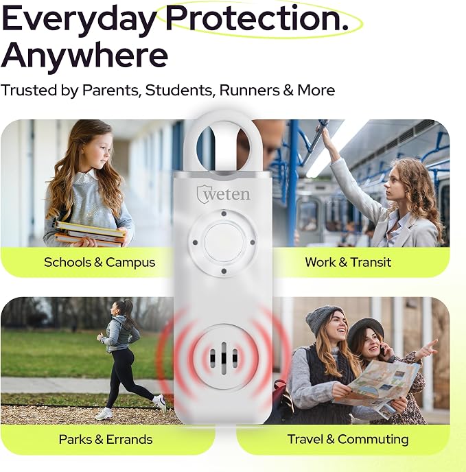 Personal Alarm for Women Safety - 130dB Loud Rechargeable Keychain Siren - LED Light, Carabiner Clip, Low Battery Alert, USB-C Charging TSA Safe Self Defense Alarm by Weten (White)
