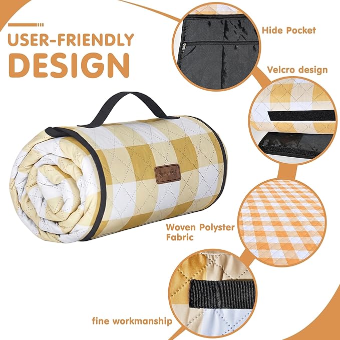HX&OD Outdoor Picnic Blanket, Extra Large, 80''x60'' Waterproof Foldable Blankets Gingham Picnic Mat for Beach, Camping Grass Lawn Park Accessories Cute Couple Ideas Wedding (Yellow, 80”x60”)