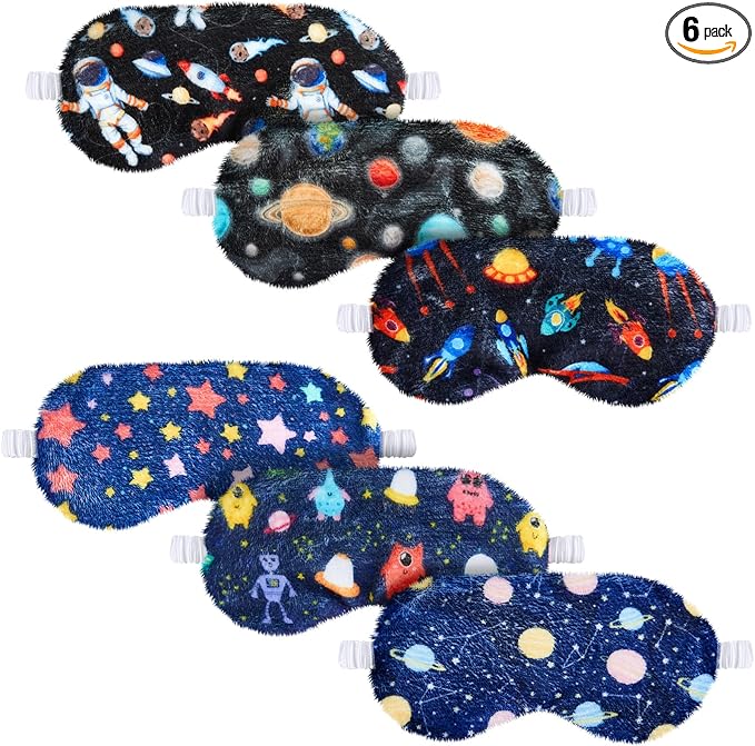 Cuffbow 6 Pack Plush Sleep Mask Set, Cute Plush Eye Masks for Sleeping, Soft Comfortable Travel Nap Blindfold, Sleepover Party Favors for Women(Astronaut,Blue)