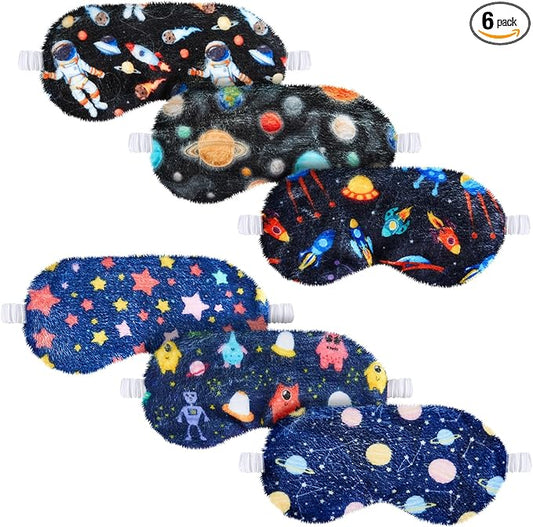 Cuffbow 6 Pack Plush Sleep Mask Set, Cute Plush Eye Masks for Sleeping, Soft Comfortable Travel Nap Blindfold, Sleepover Party Favors for Women(Astronaut,Blue)