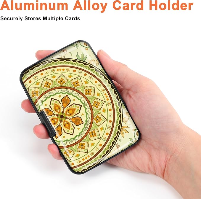 Mayski 2 Pack Credit Card Holder for Women, RFID Blocking, Yellow Mandala Aluminum Alloy Hard Case, Small Mini Business Metal Wallet for Men