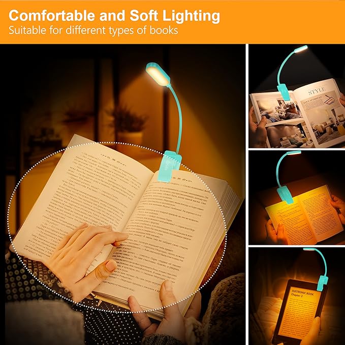 Gritin 16 LED Rechargeable Book Light for Reading in Bed- Eye Caring 3 Color Temperatures, Stepless Dimming Brightness, 80 Hrs Runtime, Lightweight Flexible Clip on Light for Book Lovers-Blue