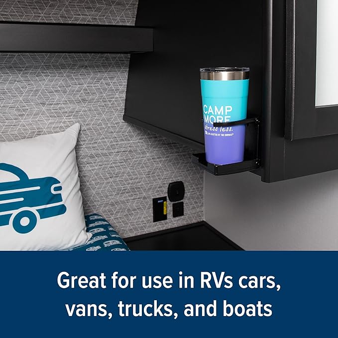 Camco Camper/RV Drink Holder - Features Adjustable Space-Saving Design & Holds Almost Any Size Mug, Cup, Bottle or Can - Extra Cup Holder for Cars, Trucks, RVs, Vans, Boats, and More - Black (44044)