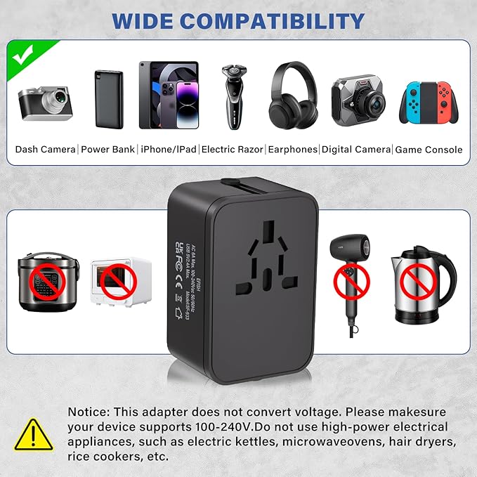 Travel Plug Adapter with 2 USB A+1 USB C,Universal All in One Worldwide Travel Adapter,Power Converters Wall Charger,AC Power Plug Adapter,International Power Adapter for USA EU UK AUS Black