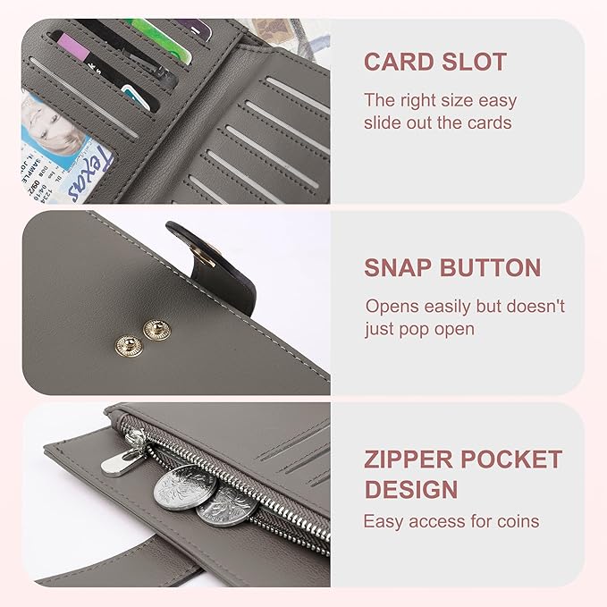 yiijay Women's Wallet RFID Blocking Leather Trifold Clutch Wallet Credit Card Holder Ladies Travel Wallet Purse with Pen Holder