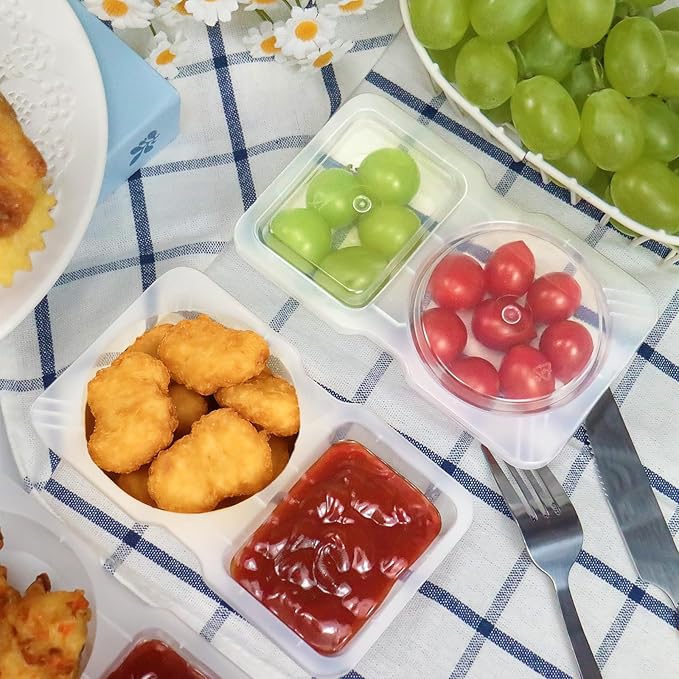 20 Pcs Reusable Snack Containers with Lids, Double Compartment for Sauces, Small Snacks & Tiny Parts, Portable for On-the-Go Meals, School and Office