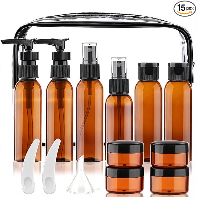 Cosywell Travel Size Bottles for Toiletries 15 2oz Pack TSA Approved Toiletry Bottles Leak Proof Travel Kit for Women Men TSA Clear Toiletry Bag Shampoo Lotion Skincare Cosmetic Container（Brown）