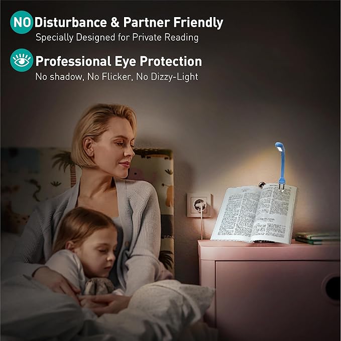 Rechargeable Book Light for Reading in Bed, 4 Color Temperatures Eye-Caring LED, Portable Clip On Reading Light with Magnetic Base, Hands-Free for Travel, Night Reading (biue)