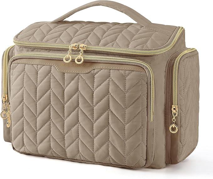 BAGSMART Travel Toiletry Bag, Large Wide-open Travel Bag for Toiletries, Makeup Cosmetic Travel Bag with Handle-Camel