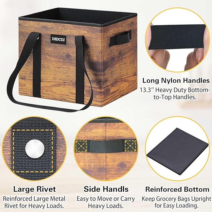 Reusable Grocery Bags - Heavy Duty Reusable Shopping Bags with Hard Bottom & Long Handles, Foldable Large Utility Tote Bag with Box Shape to Stand Up - for Kitchen, Picnic, 3 Pack, Rustic Brown