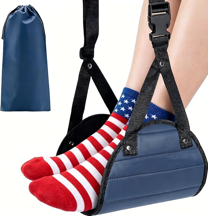 Airplane Footrest Hammock, Adjustable Foot Rest for Long Flights - Travel Must-Haves and Travel Essentials,Portable Airplane Gadgets for Flying Comfort(Navy Blue,1 Pack)