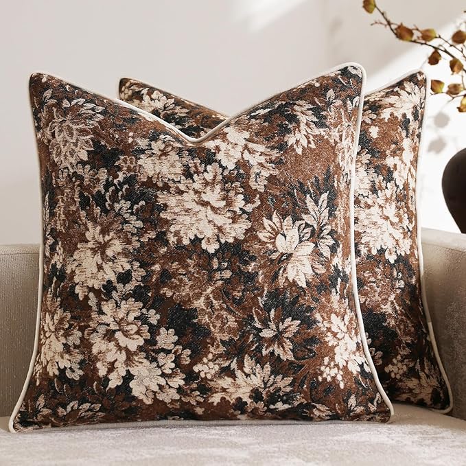 DEZENE Pack of 2 Vintage Floral Euro Sham Covers 26x26 Boho Farmhouse Accents Chenille Square Decorative Throw Pillow Cases for Living Room Couch Bed Home Decor, Dark Brown