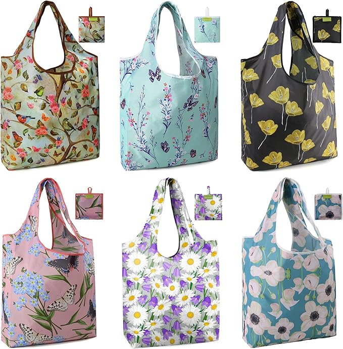 BeeGreen Flower Reusable Shopping Bags Cute Grocery Bag 6 Pack, Christmas Gift Bags Heavy-Duty Foldable Shopping Totes for Supermarket, Work & Travel, Large Washable Polyester Tote Bag with Handles