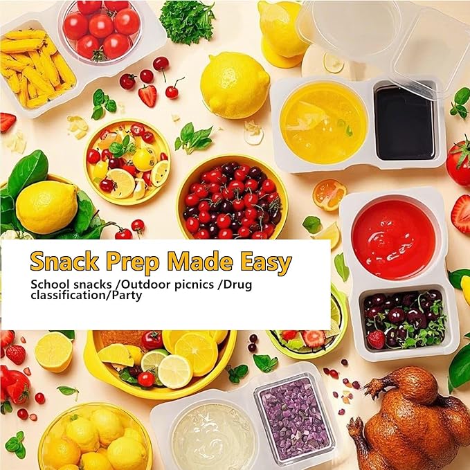 30pcs Reusable Snack Containers with Lids,2025 New 2 Compartment Plastic Containers for Pack Snacks,Leakproof Double Compartment Condiment Pack for Meal Prep, Portion Control,On-the-Go School Travel