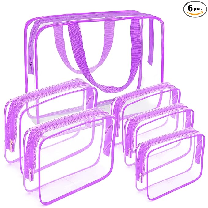 APREUTY Clear Makeup Bags, TSA Approved 6 Pcs Cosmetic Makeup Bags Set Clear PVC with Zipper Handle Portable Travel Luggage Pouch Airport Airline Vacation Organization (Purple)