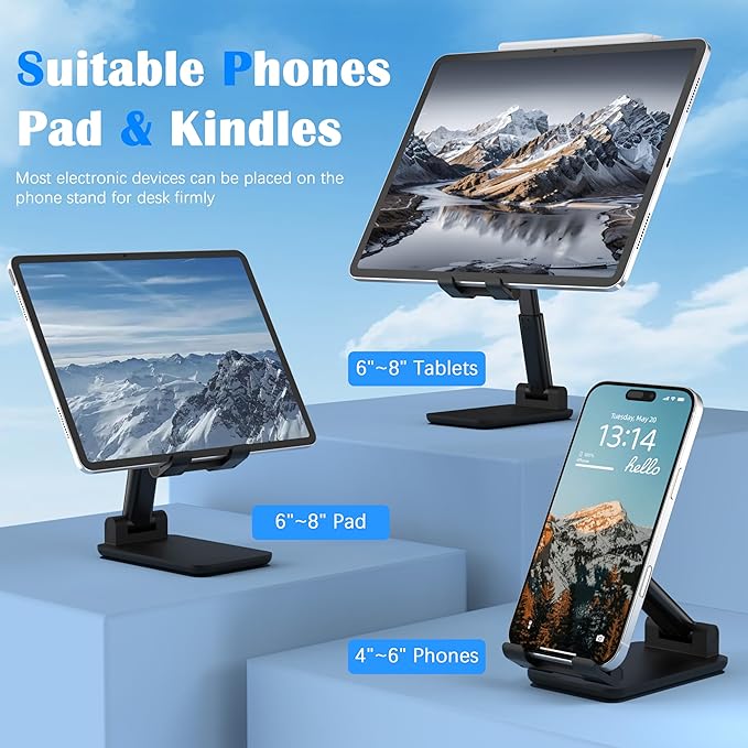Cell Phone Stand, Adjustable Angle and Height Cell Phone Holder for Desk, Foldable and Portable, Anti-Slip Silicone Pad, Compatible with All Mobile Phones and 4-8 Inch Devices (Black&Black)
