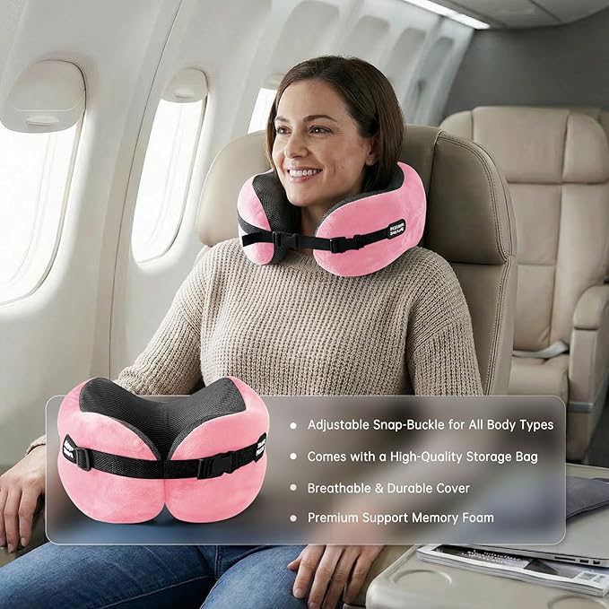 Neck Pillow Travel Pillow - 100% Pure Memory Foam Airplane Pillow with Adjustable Clasp & Removable Cover, Portable Travel Essentials for Long Flights, Car & Office (Pink, with Eye Mask)