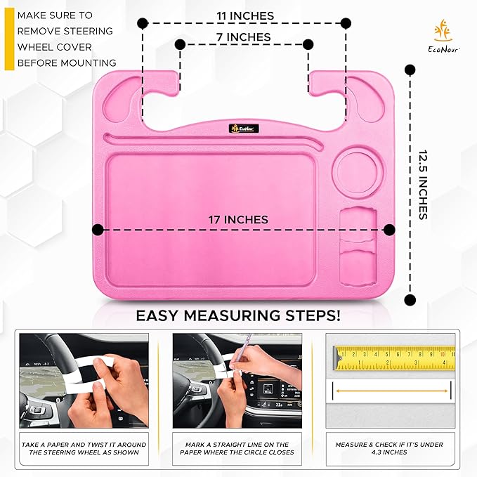 EcoNour 4 in 1 Car Steering Wheel Tray - 2024 Upgraded Pink Tray with Dual Sauce Dip Holder and Tablet Holder | Spacious Steering Wheel Desk for Food and Laptop | Car Accessories (Large)