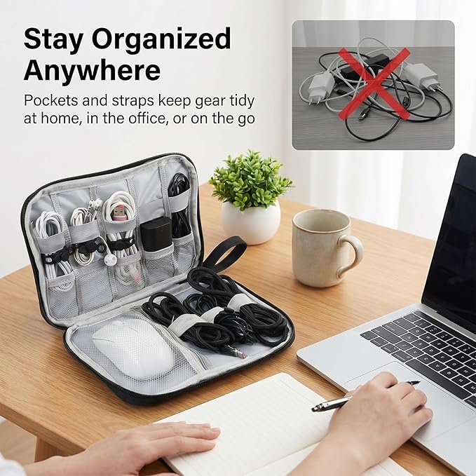 Electronics Organizer Travel Case with 6 Cable Ties, Travel Cord Organizer, Portable Waterproof Cable Organizers Storage Bag Charger Cord Organizers for Charger Phone Earphone Electronic