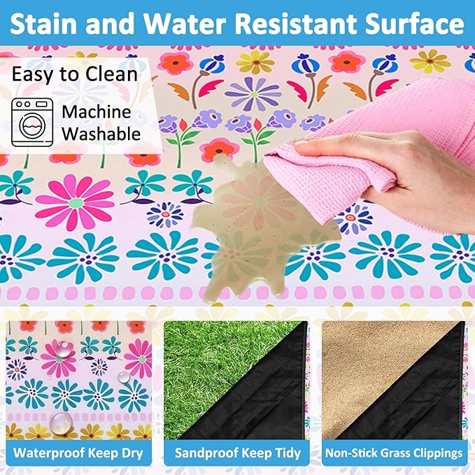 Floral Picnic Blankets Waterproof Foldable, 60″X80″ Packable Picnic Mat Flowers Outdoor Blanket for Grass, Large Beach Blanket Sandproof Picnic Accessories for Camping Music Festival Park Lawn Travel