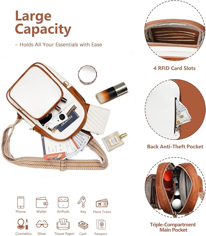 Anti Theft Crossbody Bags for Women,RFID Sling Bag Travel Purse,Vegan Leather Cross Body Purses Chest Bag for Travel(white＆Brown)